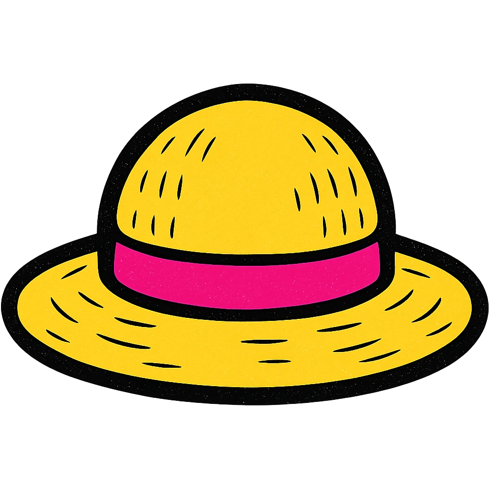stylized Luffy's straw hat from One Piece, emphasizing woven straw texture and red ribbon emoji