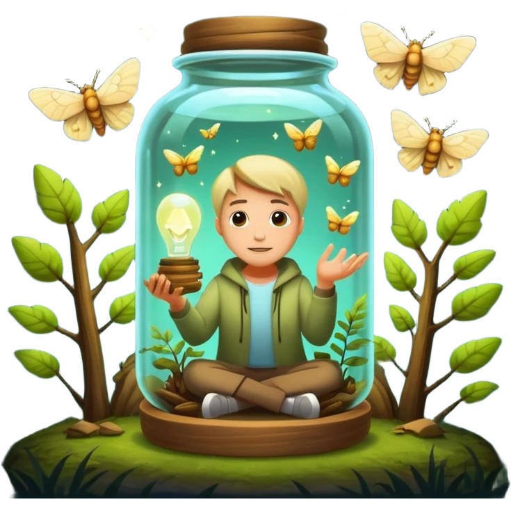 forest mystic character catching glowing idea moth in jar emoji