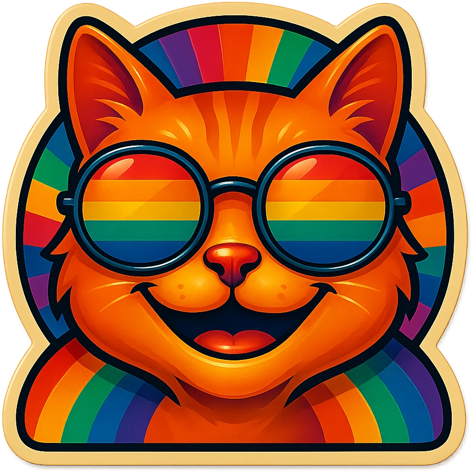 Make the cat smile, keep the same retro stickers aesthetic, rainbow sunglasses, and vibrant colorful background. emoji