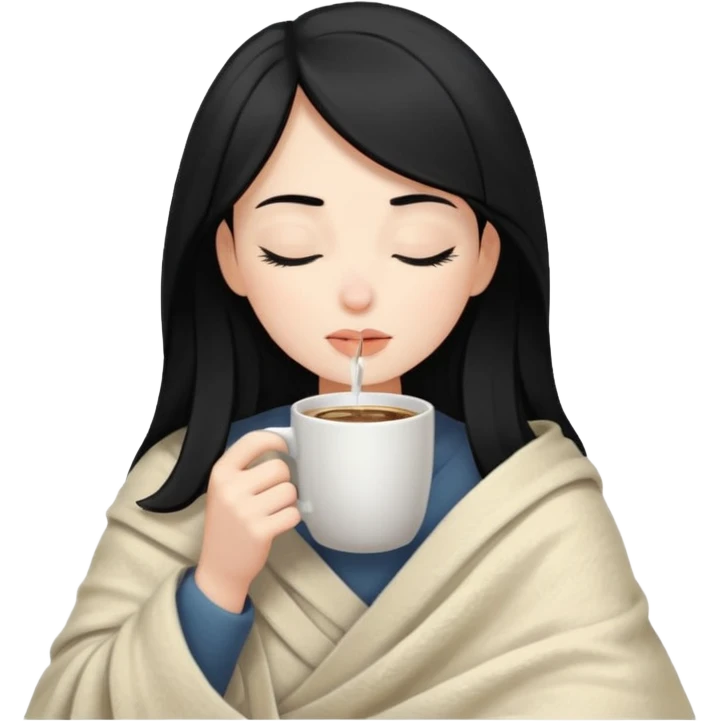 Pale girl with black hair inside a blanket sipping coffee eyes closed emoji