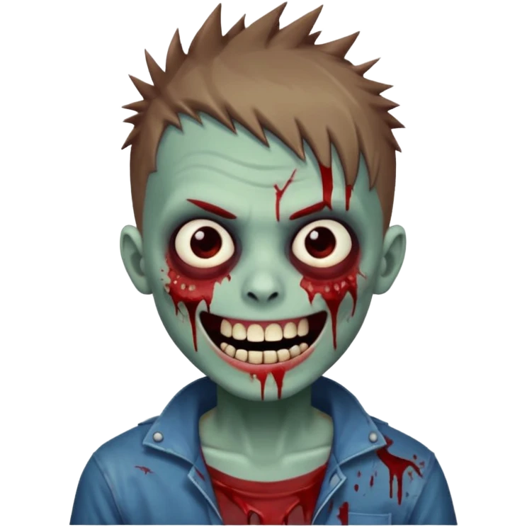 zombie boy with brown short spiky hair, white skin, and white eyes; an open smile, and bloodied teeth; emoji