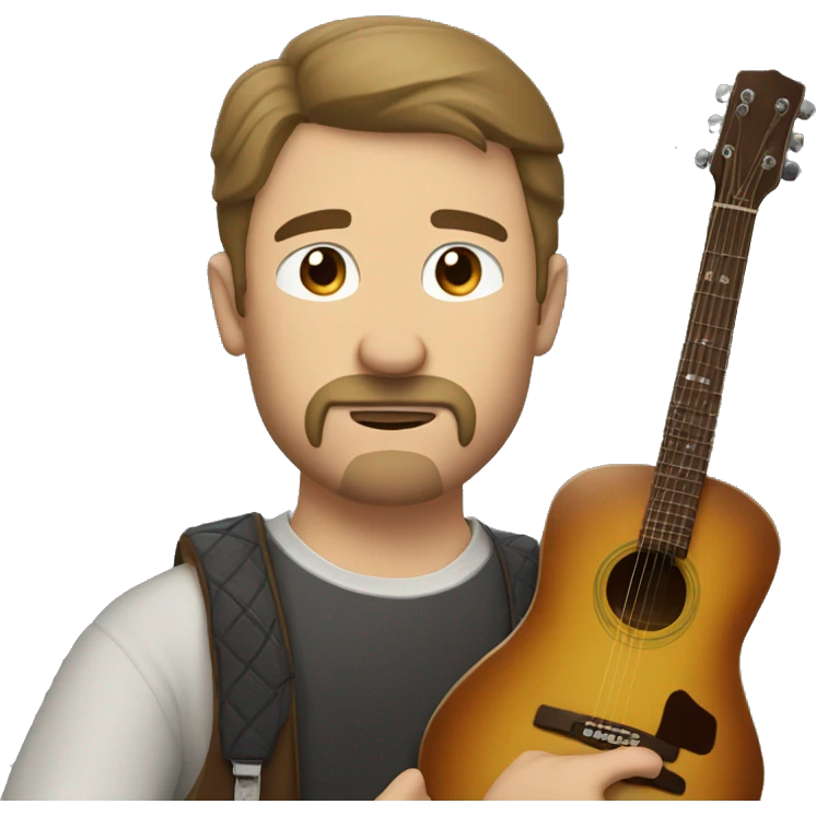 White man with brown mustache and brown little goatee with big brown straight hair and hunched over with a guitar emoji
