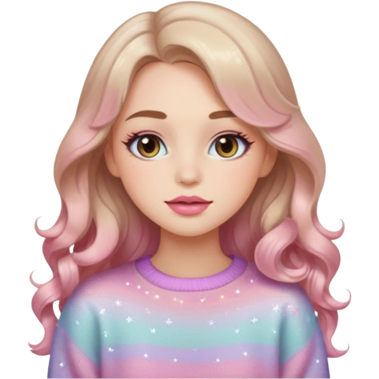 “Emoji girl, soft eyeliner, gradient rose lips, light brown shimmer eyeshadow, sparkly aegyo-sal, long wavy hair, cozy pastel sweater.” emoji