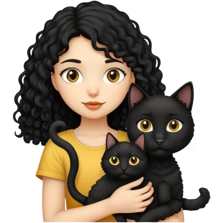 A black long-haired girl holding a black cat, a yellow short-haired cat and a curly-haired dog emoji