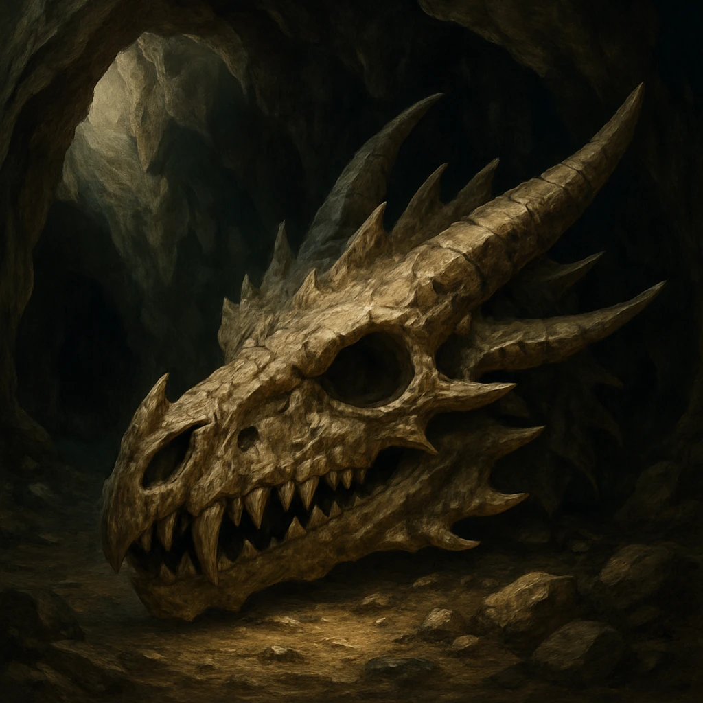 a dragon skull in a cave, detailed, fantasy art style emoji