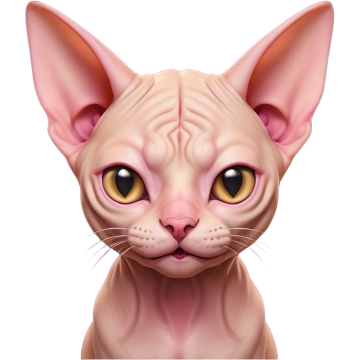 Cinematic Comical Sphynx Cat Portrait Emoji, Head tilted dramatically with an exaggeratedly shocked or offended expression, smooth, wrinkled skin in warm peach and pink hues, large bat-like ears perked up, piercing eyes widened in disbelief, Simplified yet hilariously expressive features, highly detailed, glowing with a slightly sassy glow, high shine, dramatic yet playful, stylized with an air of attitude, bright and endearing, soft glowing outline, capturing the essence of a sassy and over-the-top feline, so meme-worthy it feels like it could side-eye its way into internet fame instantly! emoji