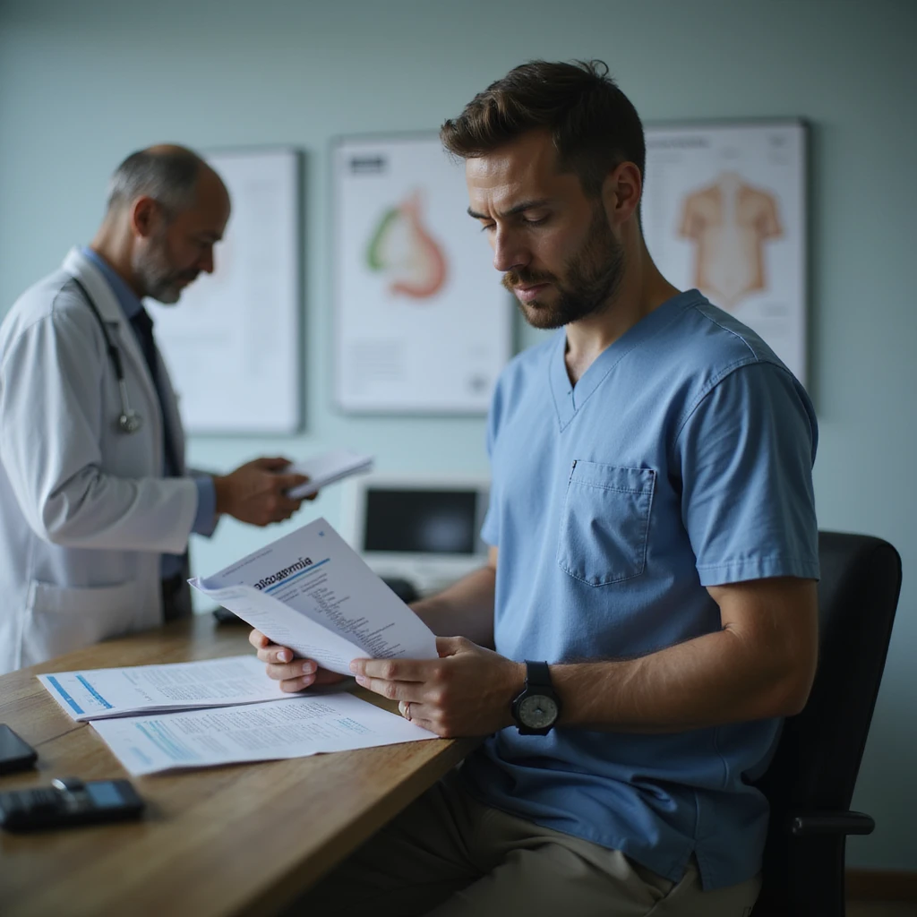 hyperrealistic 4K image of a man in his 30s standing in front of a urologist's desk, reading semen analysis results with 'azoospermia', hands shaking, urologist in background, fertility charts on wall, clinical environment emoji