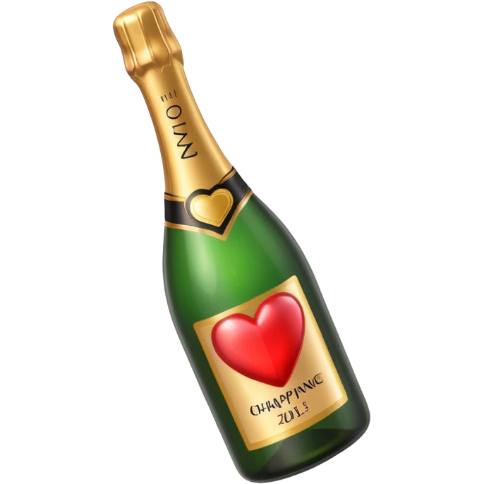 Draw a champagne bottle with a heart label using an isometric camera with a High-Angle Shot. emoji