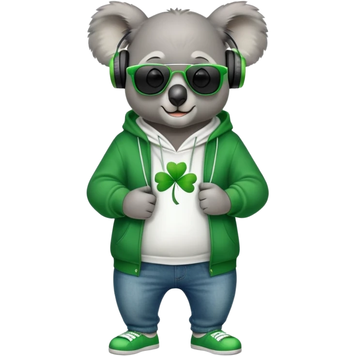 anthropomorphised koala, full body, wearing a hoodie and jeans, dark sunglasses, headphones, dressed for St. Patrick's Day, different pose emoji