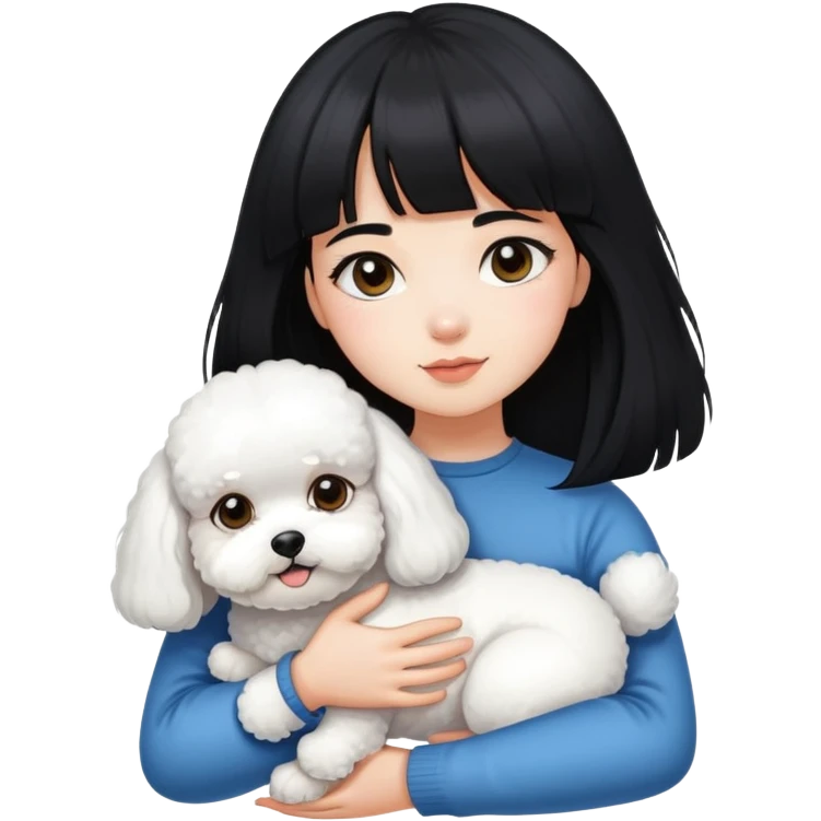 A beautiful girl with long black hair and bangs hugs a Bichon Frise tightly emoji