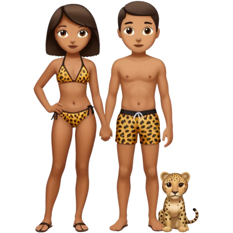 a girl wearing leopard print bikini standing with a boy wearing shorts  emoji