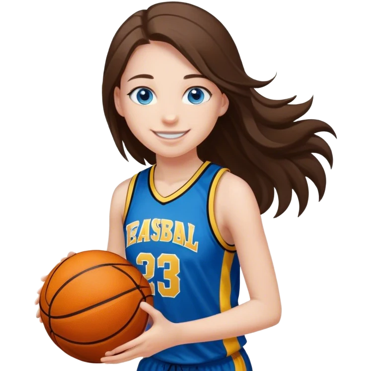 smiling girl with blue eyes and long hair playing basketball with black and yellow jersey emoji