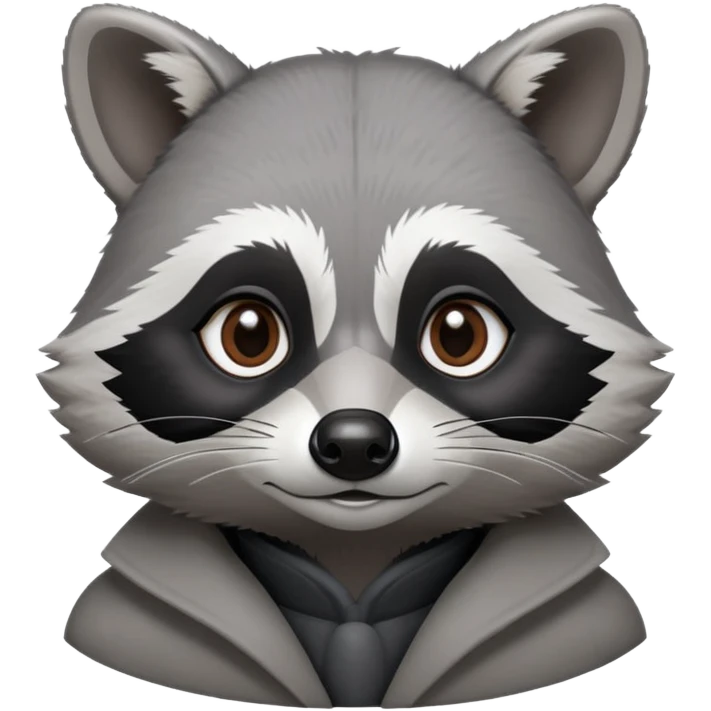 Cinematic-Noble-Raccoon-Portrait-Emoji – Poised and confident, with a sturdy build and a beautifully textured coat of silver-grey accented by dark black facial markings, deep-set, intelligent brown eyes, simplified yet sharp and sophisticated. emoji