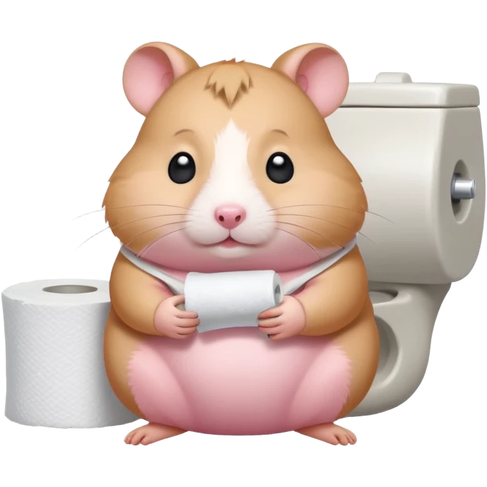 Cute chubby cartoon-style hamster sitting on toilet holding toilet paper looking as if he had an accident, sticker-style illustration emoji
