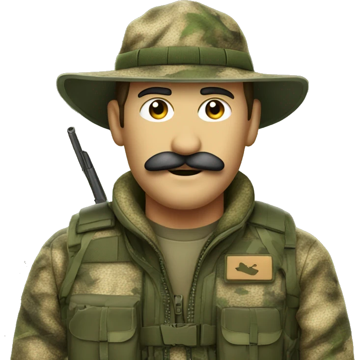 A man in camo hunting gear with mustache emoji