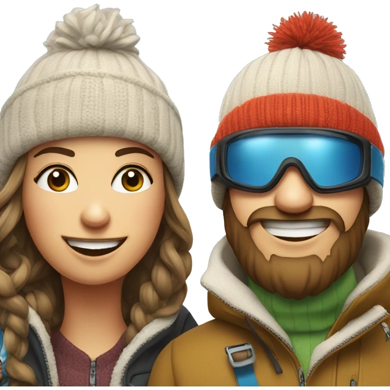 Ski bum couple with beanie and ski goggles with beers emoji