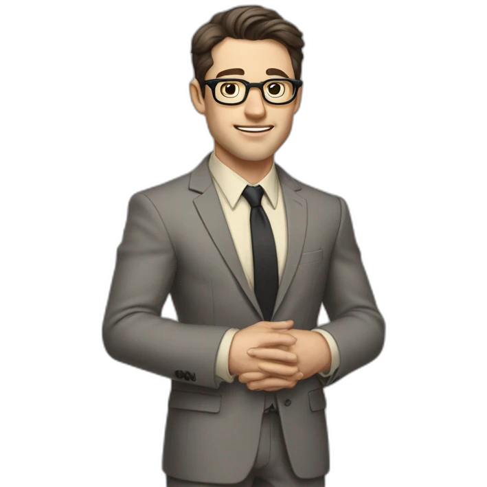 Full height Pale skinned Fit Man With dark brown hair in classic gray suit, beige office shirt, dark gray tie, and vintage glasses. Thrumbs of his palms directed up emoji