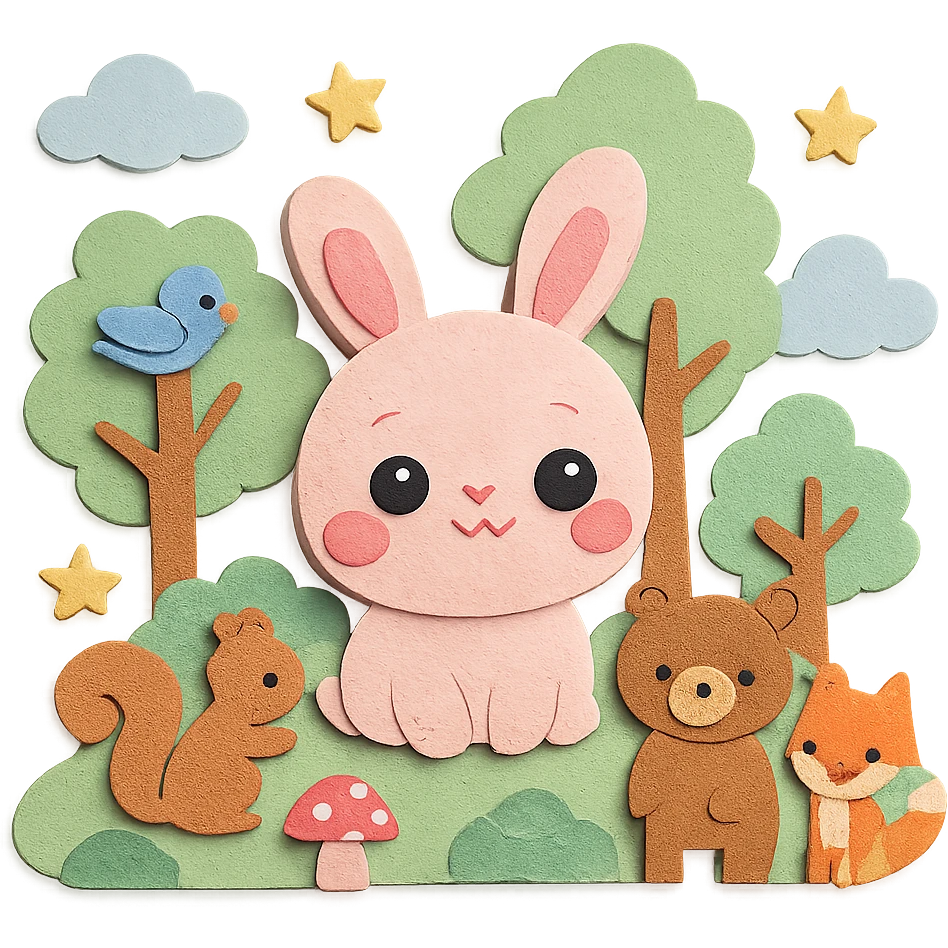 kawaii mori forest with round-faced fluffy pastel bunny with big sparkling eyes and pink blush, with squirrel, bear, fox, and bird, in a dreamy pastel green forest, clouds, stars, mushrooms, soft pastel tones, high resolution emoji