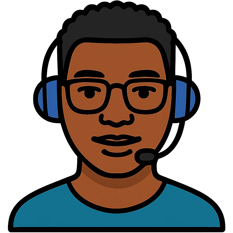 Add a headset to the young African man with eye glasses, keep the original style and transparent background. emoji