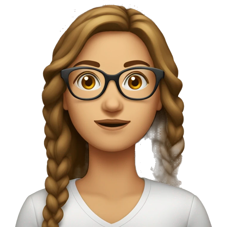 mulher branca, cabelo de cor castanho cachado e longo, usando oculos emoji