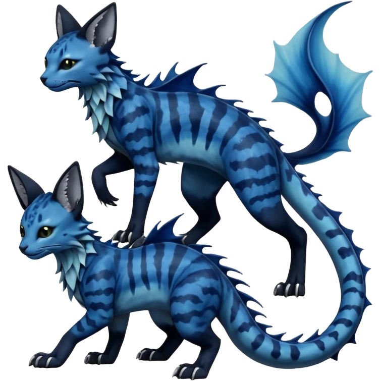 Epic complex abyssal fantasy divine glorious detailed dark dusky gloomy deep gothic gloomy cobalt-blue-abyss-blue-black-greyish, realistic Fakémon-Sprigatito-Floragato-Meowscarada-Vaporeon-Salandit-Trico-Sergal-Serval-Vernid-creature (full body) with mermaid-ears, tail fin, shiny sparkly, abyssal emoji
