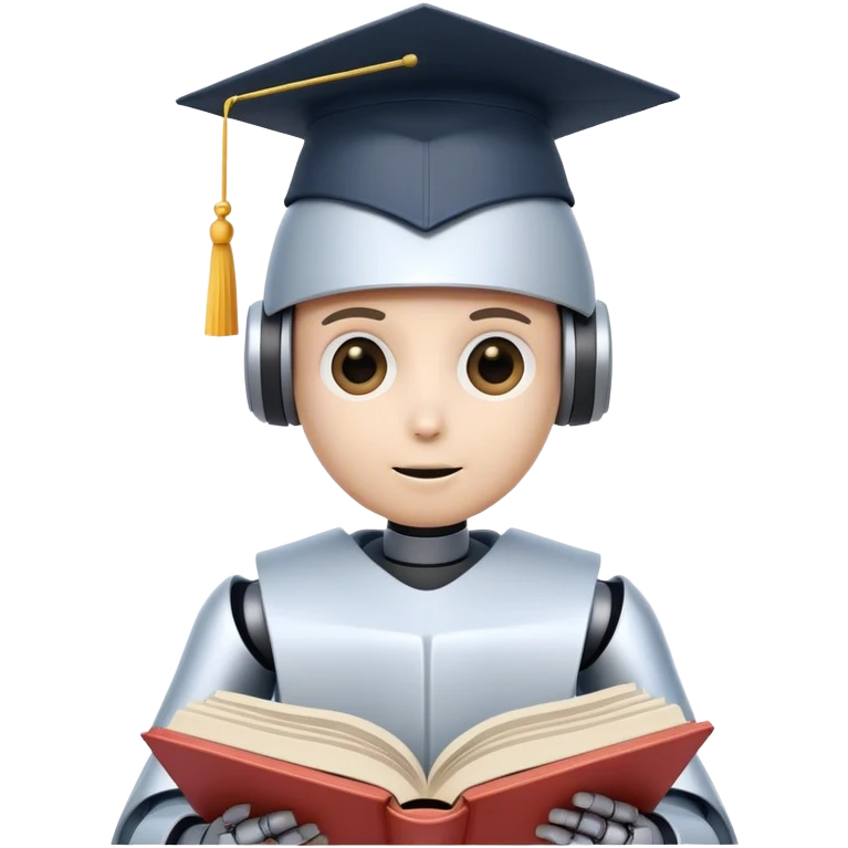 Ai  robot reading a big book with graduation head emoji