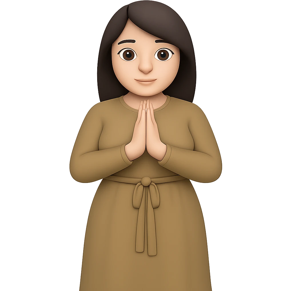 Make the woman have a normal, buxom body, standing and praying from the front view, wearing a long tan dress, with dark brown hair, in emoji style. Remove the background completely. emoji