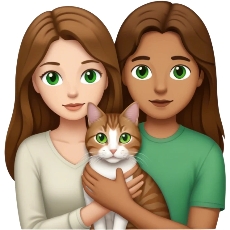 white couple with brown hair, woman has long hair and green eyes .they’re holding a tabby cat  emoji
