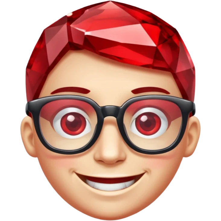 A single red crystal gemstone character wearing glasses, chunky and irregular with faceted very sharp sides, smile, , high detail, emoji