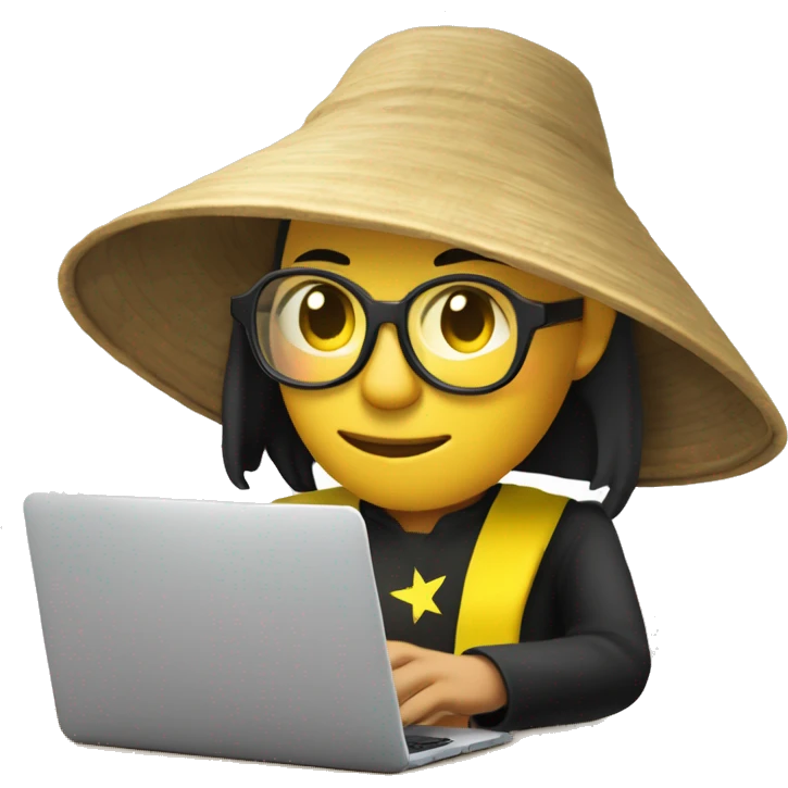 A memoji-style Vietnam man with yellow skin, wear nearsighted glasses, a traditional Vietnamese conical hat , black shirt, sitting at a desk with a cup of coffee, typing on keyboard, laptop with a logo styled as '</>' in front front emoji