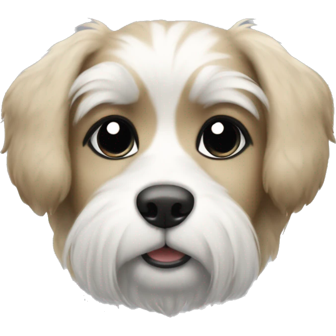 Furry dog with black around the eyes and white emoji