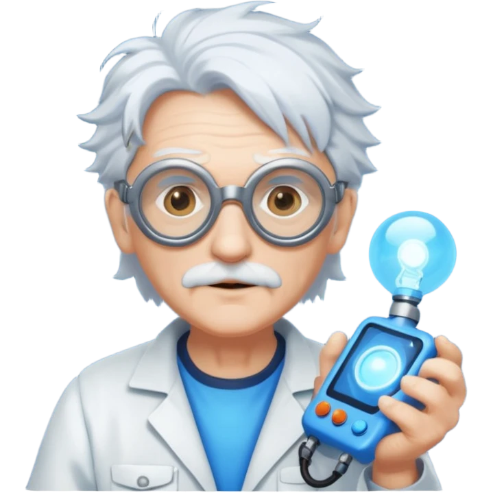 A quirky old inventor with wild white hair, goggles, and a glowing gadget in hand.
 emoji