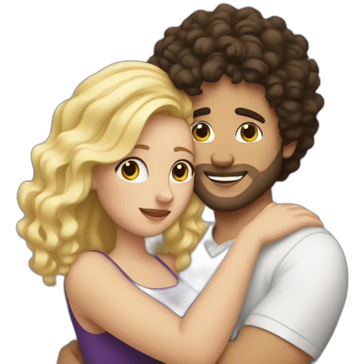 White man with dark curly hair hugging a blonde curvy woman emoji