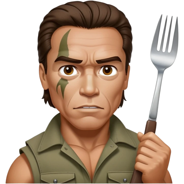 Young Arnold Schwarzenegger from the Commando poster wearing khaki with war make up on ready to fight with fork and spoon emoji