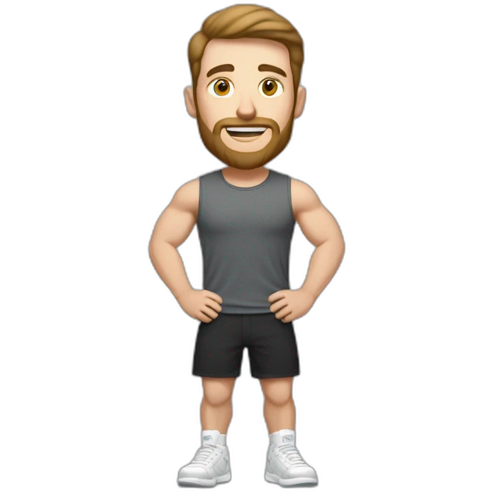 Full height Actively gesturing with hands Pale skinned Fit Man With the biceps and brown hair in dark gray Sleeveless Mike, black oversize sports shorts, watch and white Sneakers emoji