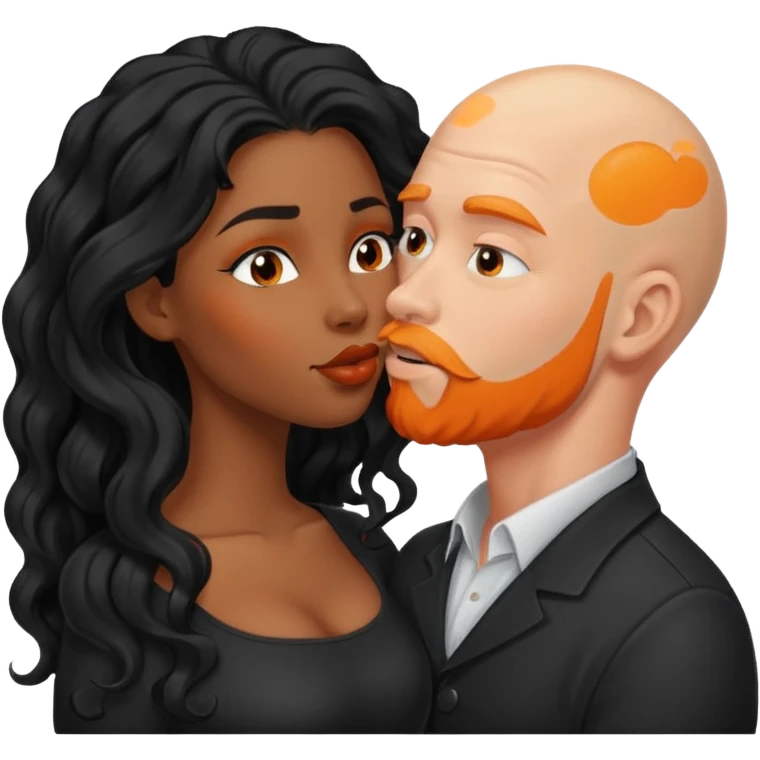 ebony black women with long black wavy hair kissing bald white man. White man has orange facial hair emoji
