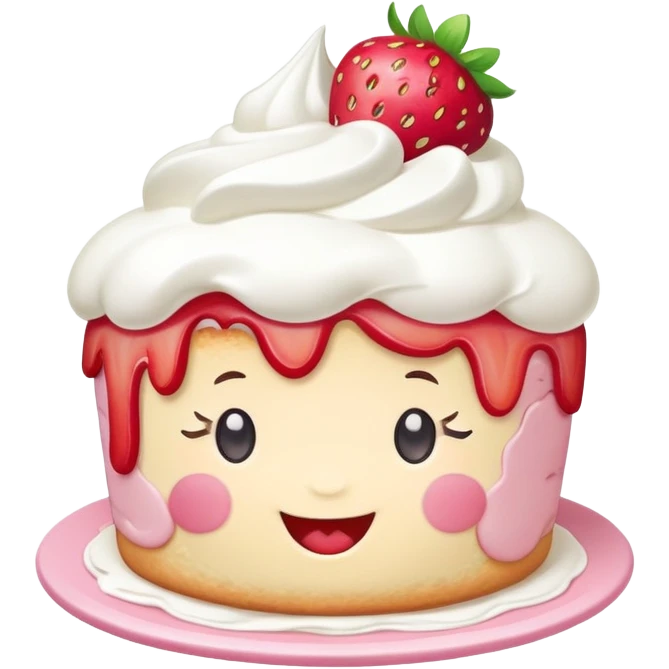 kawaii strawberry shortcake with whipped cream and a happy face emoji