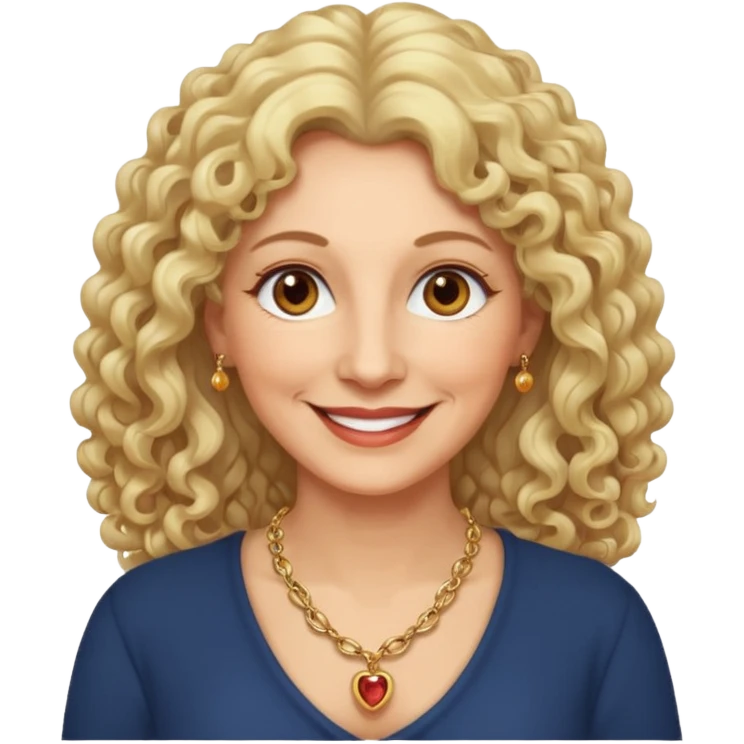 femme 60 ans cheveux blonds long très bouclés yeux marrons sourir emoji