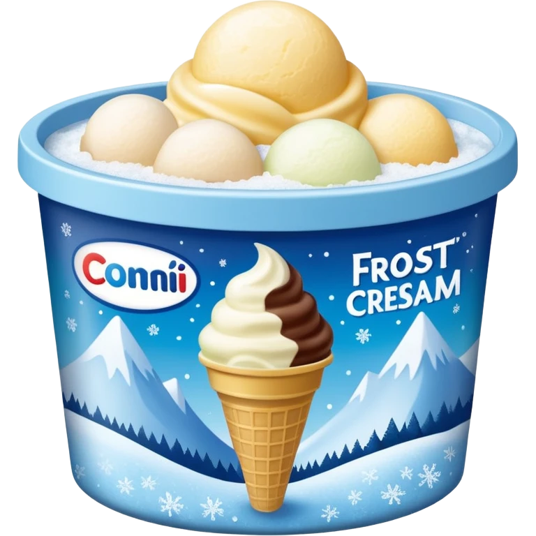 A creamy ice cream tub with a minimalist printed label showing flavor name and brand logo, sitting inside a store freezer. The lid and sides of the container have small frost crystals and condensation. Realistic photography style with soft lighting and a cool-toned background. emoji