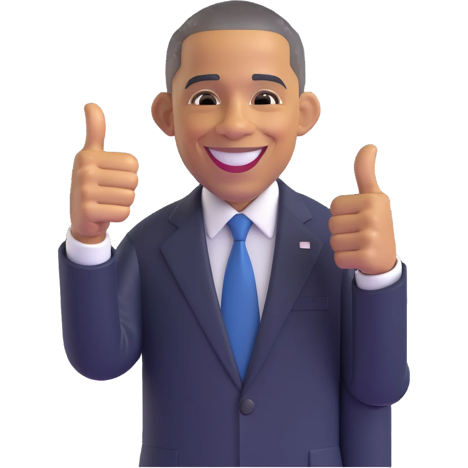 Barack Obama giving a thumbs up, emoji style, with a big smile and suit emoji