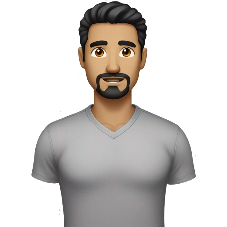 confident man, black hair, disconnected black goatee, white skin, brown eyes, wearing a light gray shirt emoji