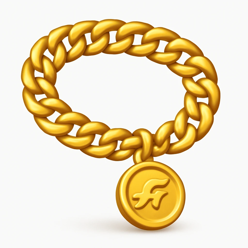 Create a gold chain emoji exactly like the reference image in iOS emoji style. Match the same shape, color, and texture, making it shiny and smooth with a medallion. Add a soft shadow to the emoji. emoji