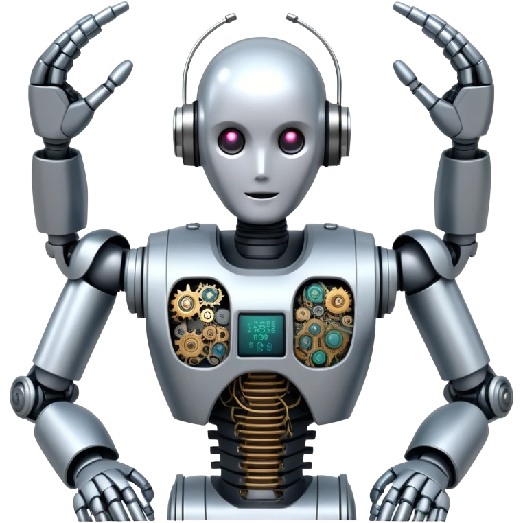 An icon featuring a humanoid robot assembling parts with robotic arms, surrounded by gears, circuit boards, and sensors, symbolizing robotics. The design includes a control panel and AI interface, representing automation, engineering, and innovation. Transparent background. emoji