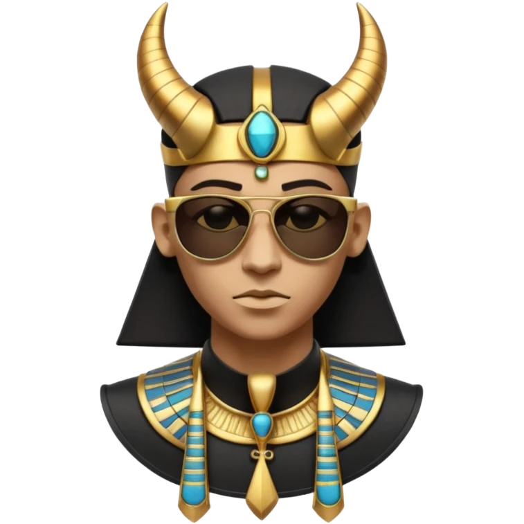 3D cartoon horned character portrait, wearing sunglasses, gothic ancient Egyptian style, pharaoh collar, dark gold and black outfit, ankh symbols, Egyptian jewelry, mysterious expression, soft dramatic lighting, centered, clean background, no text, no watermark emoji