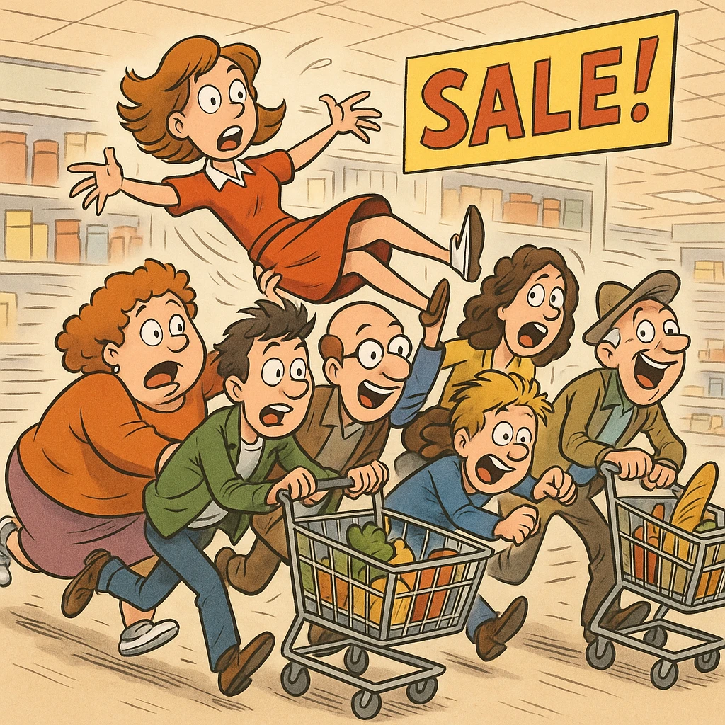 a comical scene where a crowd of supermarket shoppers runs from left to right, carrying off the salesgirl in a chaotic and exaggerated manner emoji