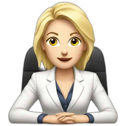 Blonde white woman wearing a suit sitting on the table telling the news towards the camera emoji