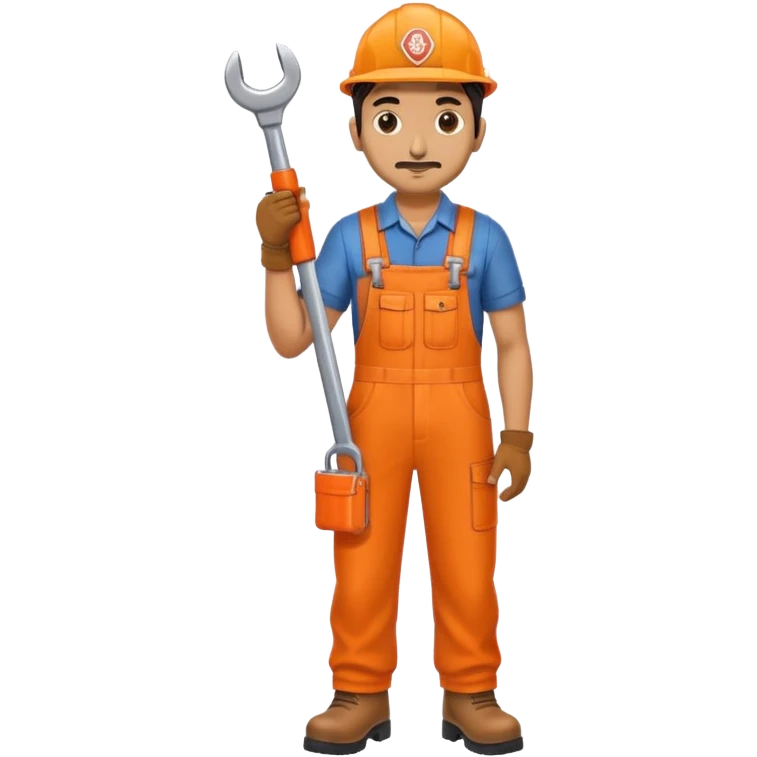 indian railway engineer orange overalls, boots holding a spanner emoji
