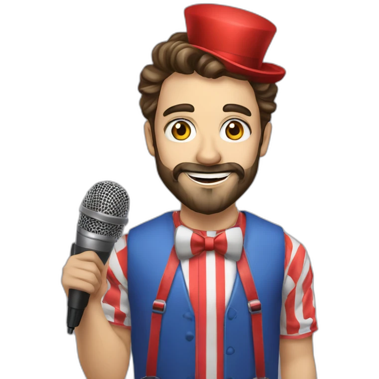 young brunette radio presenter with beard and with a microphone in his hand dressed as a clown emoji