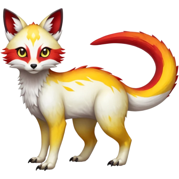  Hyper-realistic oily smooth silky soft White white with red gradients, and yellow slit eyes markings beautiful handsome gorgeous aesthetic colorful vibrant Vernid-Trico-species-Fakemon-creature by LiLaiRa, 4 legs, 1 tail, random markings, (full body) emoji