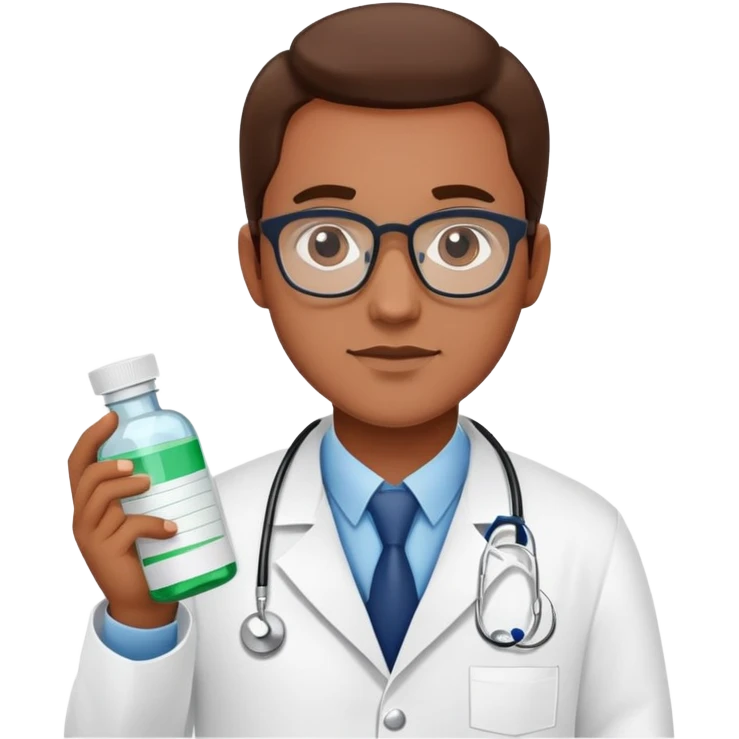 Pharmacist in white lab coat with medicine bottles and prescription pad emoji